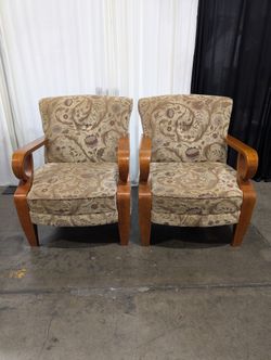 Pair of Vintage Floral Upholstered Armchair with Curved Wood Arms