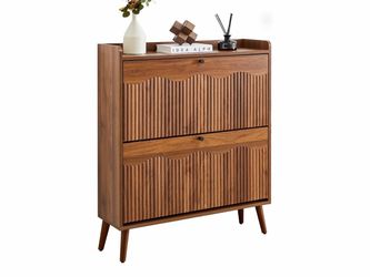 31.5" Fluted Walnut Shoe Storage Cabinet with 2 Flip Drawers