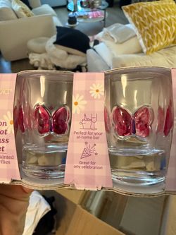 Brand New Icon Shot Glass Set Hand Painted Purple Butterflies