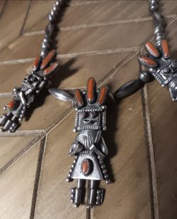 Vintage Navajo Doris Smallcanyon Kachina Necklace, Sterling and Coral - Signed