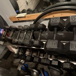 Dumbbells, Kettlebells, Adjustable Bench, Dumbbell Rack 