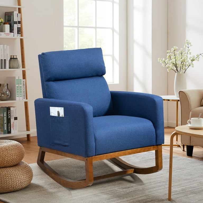 brand New  Living Room Rocking Chair, Rocker Fabric Padded Seat Modern Adult Armchair, Solid Wood, Blue