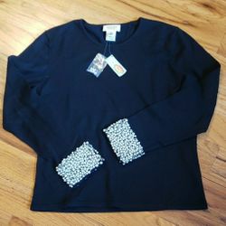 NWT Talbots Black Long Sleeve Sweater W/ Pearl Beaded Cuff Size: PM