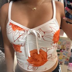 White Floral Rose Tie-Front Crop Top