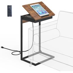 C Shaped End Table with Charging Station, 45° Tiltable Adjustable Flip Top Table with Storage,Small C Table for Small Spaces,Slide Under Couch Sofa Be