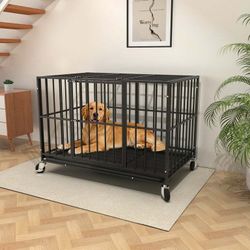 48 Inch Heavy Duty Steel Dog Crate for Large Dogs, Chew Proof & Escape Proof for High Anxiety Dogs, Indoor Double Doors and Lockable Wheels, Removable