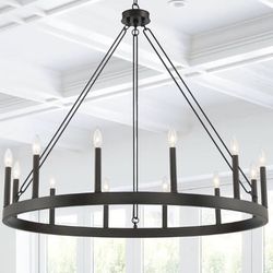 *Brand New* Acroma 12 Light 40In Modern Farmhouse Wagon Wheel Chandelier-UL - Aged Zinc • Adjustable Height  • Dry Location  • Sloped Ceiling Adaptabl