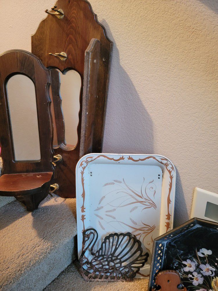 Wooden Wall Mirror With Candle Shelf Or Vintage Lap TV Tray Breakfast Table