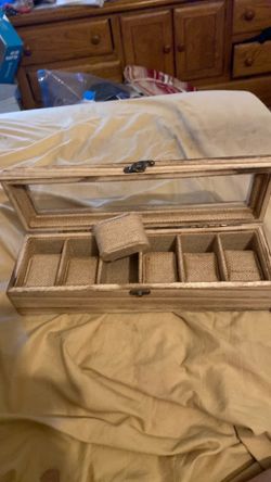 rustic wood watch box with a glass lid and 6 slots for storage
