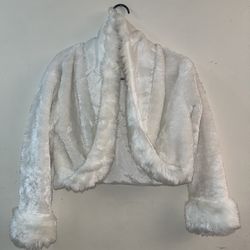 1 Pc Girl’s Open Front White Faux Fur Fuzzy Jacket Collar & Lined