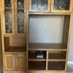 Oak Entertainment Center with Glass Display Cabinets