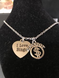 Women’s silver filled chain 24 inch quote I Love bingo JACKPOT pendant necklace no refunds ....