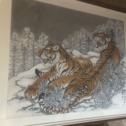 Oriental Painting, Two Tigers On Snow Mountain, Famous Artist 
