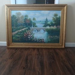 Large  Decorative Wall Painting . Vintage Gold-Tone Frame