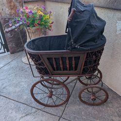 Antique Vintage Victorian Baby Doll Carriage Stroller With Wood Metal Wicker