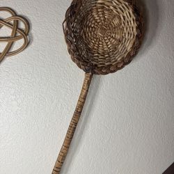 VINTAGE Wicker Rattan Rice Scoop Ladle Basket Long Handle Boho Decor