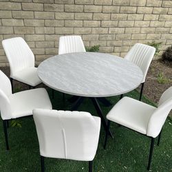 7 PCS Dining Set for Kitchen ,47” Round Dining Table Set, Mid Century Modern Round Dining Table (Comes with 6 chairs, available in Black and white