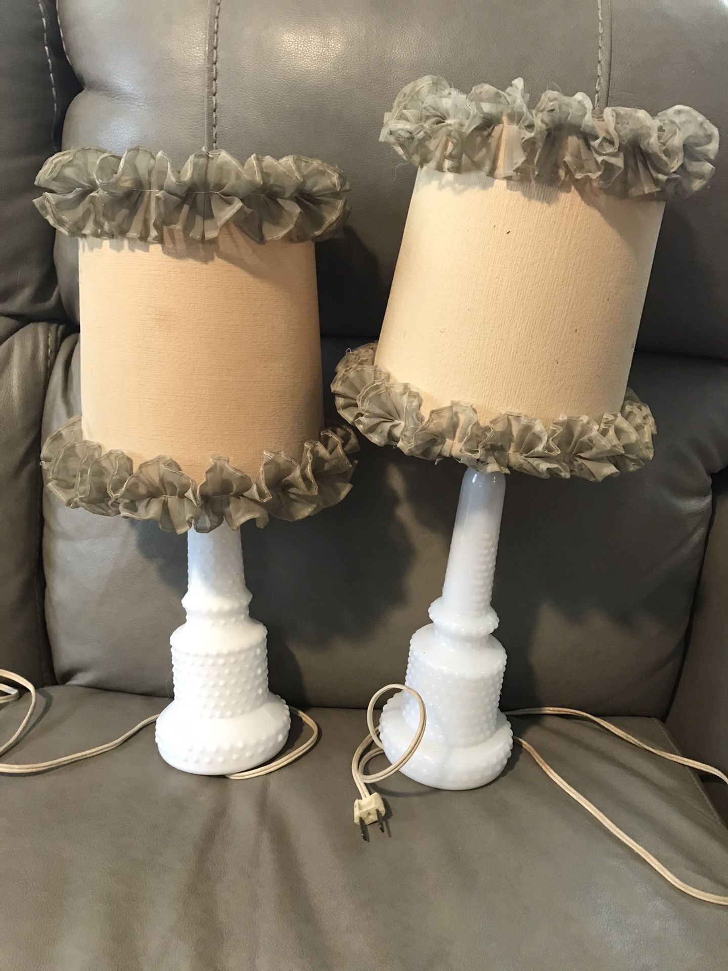MILK GLASS LAMPS WITH SHADES HOBNAIL VINTAGE