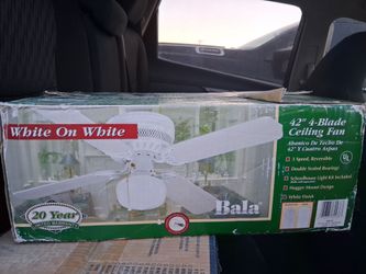 (1) 42" white ceiling fan 4 blade, and (1) 52" light brown 5 blade ceiling fan