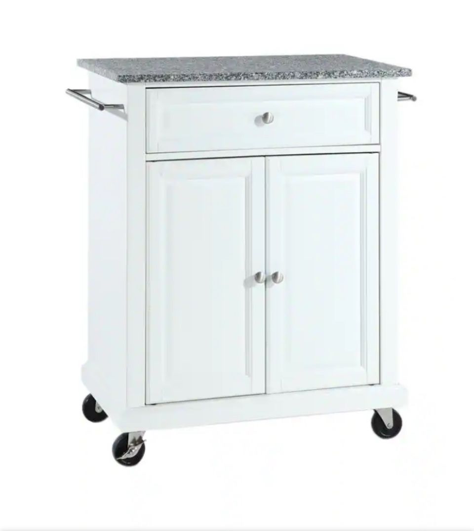 Rolling White Kitchen Cart with Granite Top