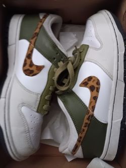 Nike Dunk Low White Olive Leopard Swoosh Sneakers