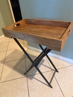 Solid Wood Butler Tray Table – Folding Black Metal Stand