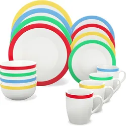 Vremi 16 Piece Dinnerware Set Service for 4 - Round Porcelain Dinner Plates Bowls Mugs and Dessert Dishes - Casual White Dinnerware with Colored Strip