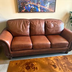 Genuine Brown Leather Sofa – Rolled Arms & Nailhead Trim – Free Delivery