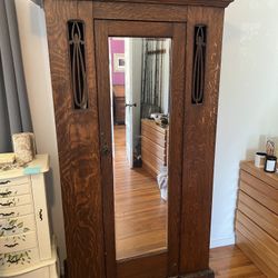 Antique Vintage Solid Wood Early 1900s Armoire Beveled Mirror Wardrobe Closet Cabinet 
