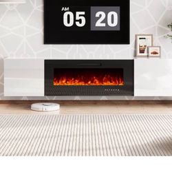 (brand New In Box) Modern 80” Wide Floating Tv Stand With Fireplace In High Gloss White