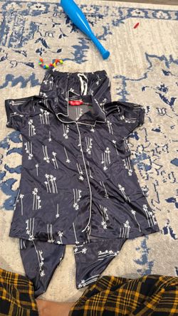 Satin Pajama Set Navy Palm Tree Print