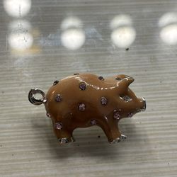 Vintage White Enamel Pig with Glitter Polka Dots Brooch Pin - Gold Tone