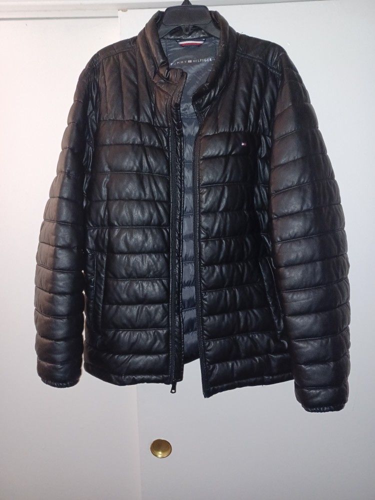 Mens Tommy Hilfiger Black Faux Leather Puffer Bubble Coat Jacket Size 2XL XXL