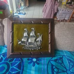 Vintage Metal Ship On Green Velvet And Wood Frame