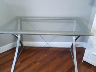 Glass Top Desk with Silver & Gold Metal Frame