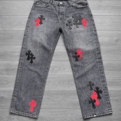 Chrome Heart Cemetery Cross Denim Pants Red & Black Size 31