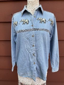 Christopher & Banks Vintage Denim Shirt with Embroidered Elephants Leopard Trim
