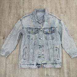 Shein Denim Jacket Blue Medium Womens Distressed Frayed Cotton Blend Pockets, S
