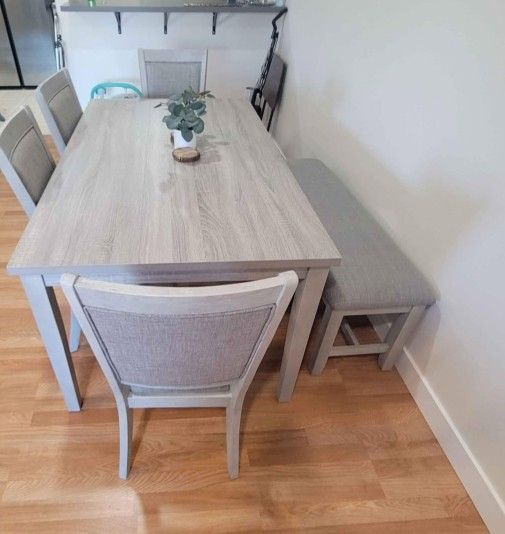✅️✅️ 6 pc light finish wood dining table set padded seat chairs and bench ✅️