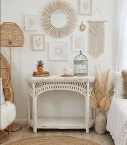 Boho Chic White Wicker Two-Tier Console Table