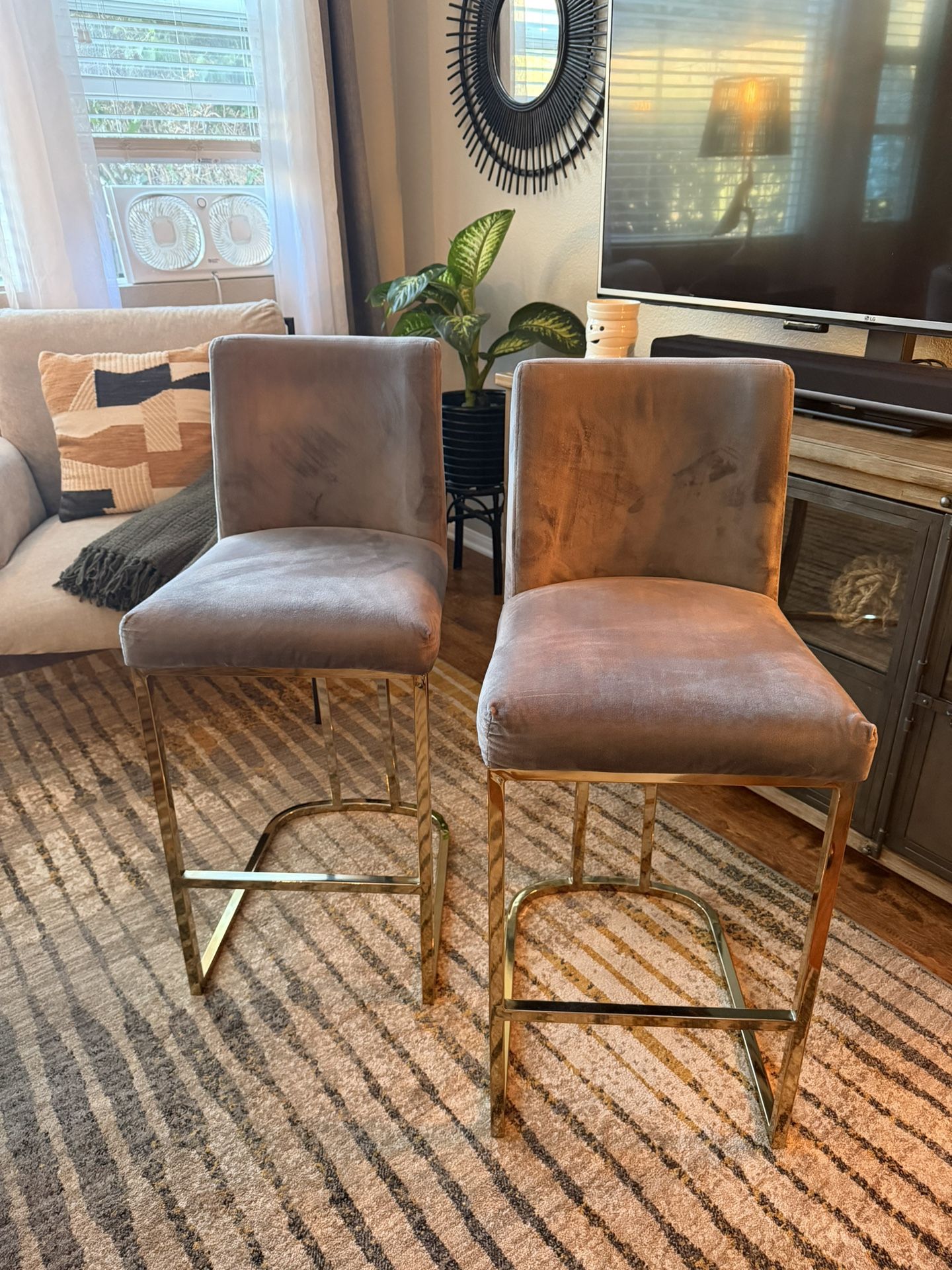 2 Grey Velvet and Gold Metal Counter Stools