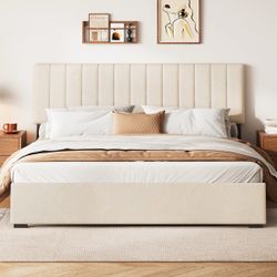 Modern Velvet Upholstered Platform Bed with Headboard & Underbed Storage (Beige, King Size)