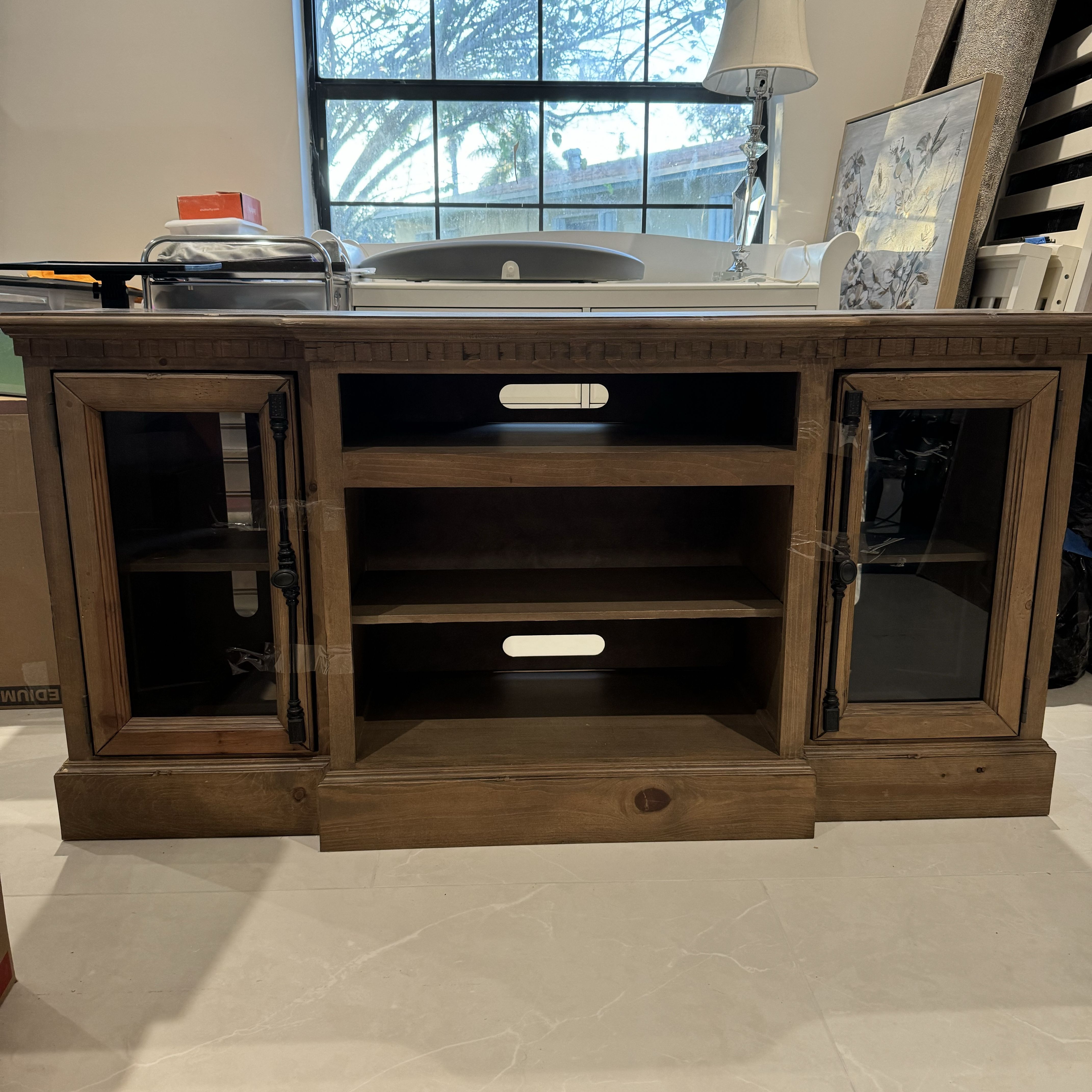Brown Wooden TV Stand with Glass Doors