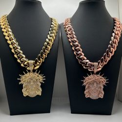 Chain 20mm Miami Cuban Link Rose Gold & Yellow Gold Plated Chain Necklace 18k & 14k Jesus Crown Pendant 