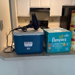 Baby Formula, Pampers, Cooler, Hair Dryer