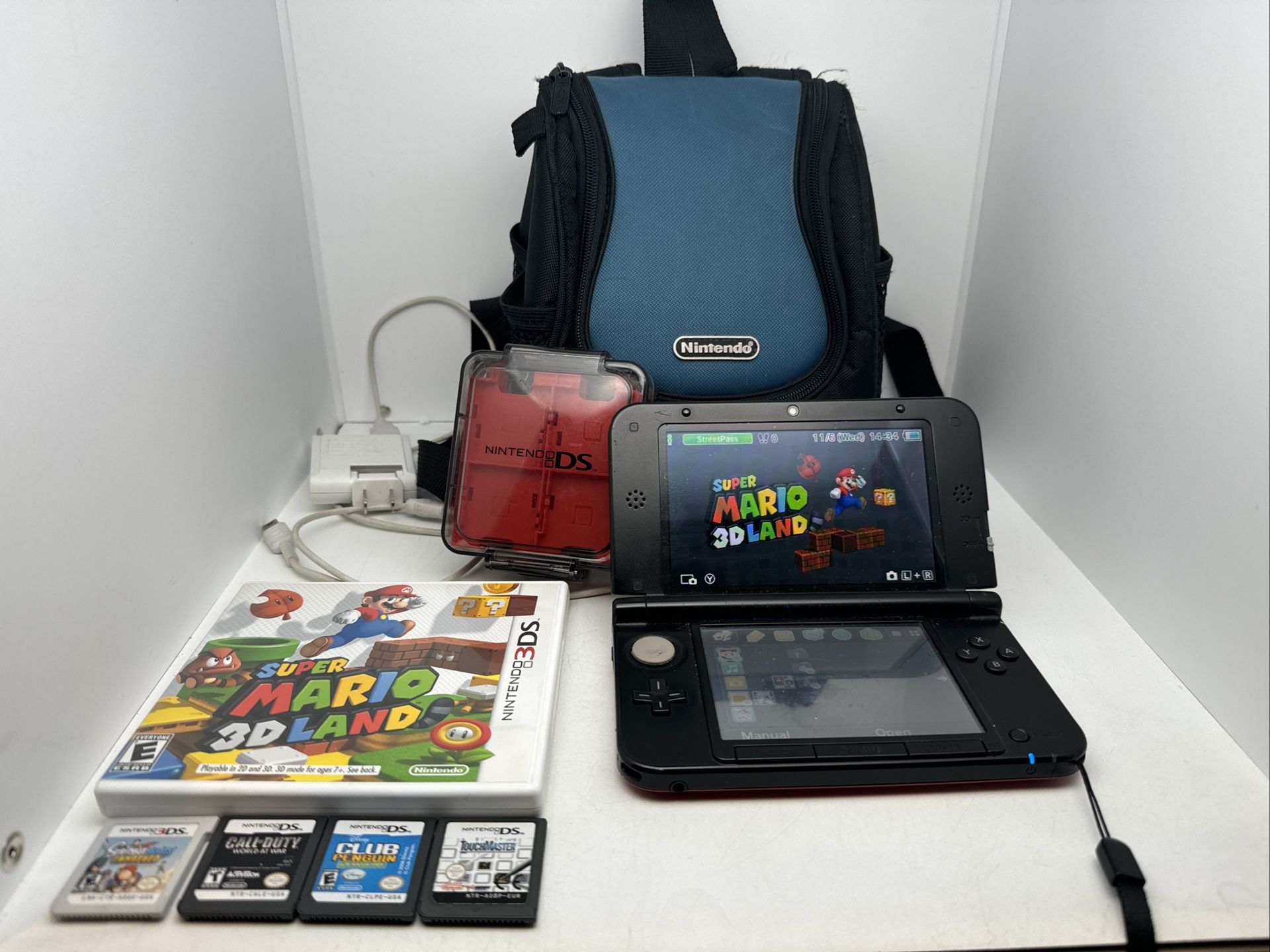 Nintendo 3DS XL Portable Gaming Console Bundle Red - TESTED 5 Games Bag Mario 3D