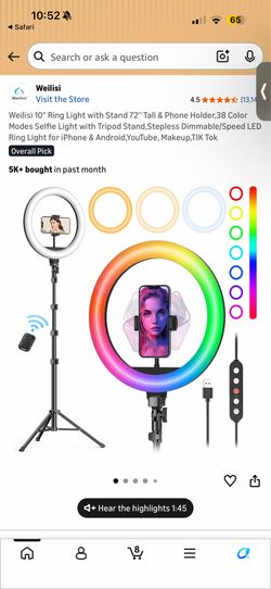 Weilisi 10" Ring Light with Stand 72'' Tall & Phone Holder,38 Color Modes Selfie Light with Tripod Stand,Stepless Dimmable/Speed LED Ring Light for iP
