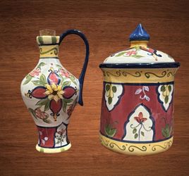 PIER 1 VALLARTA EARTHENWARE OIL OR VINAGER BOTTLE /CANISTER-JAR HAND PAINTED