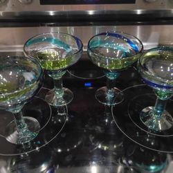 Set Of 4 Hand Blown Margarita Glasses 