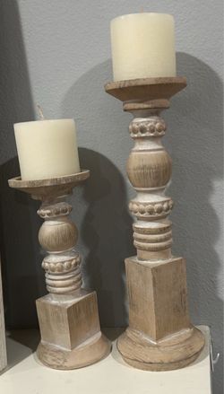 Carved Wood Pillar Candle Holders Set of 2